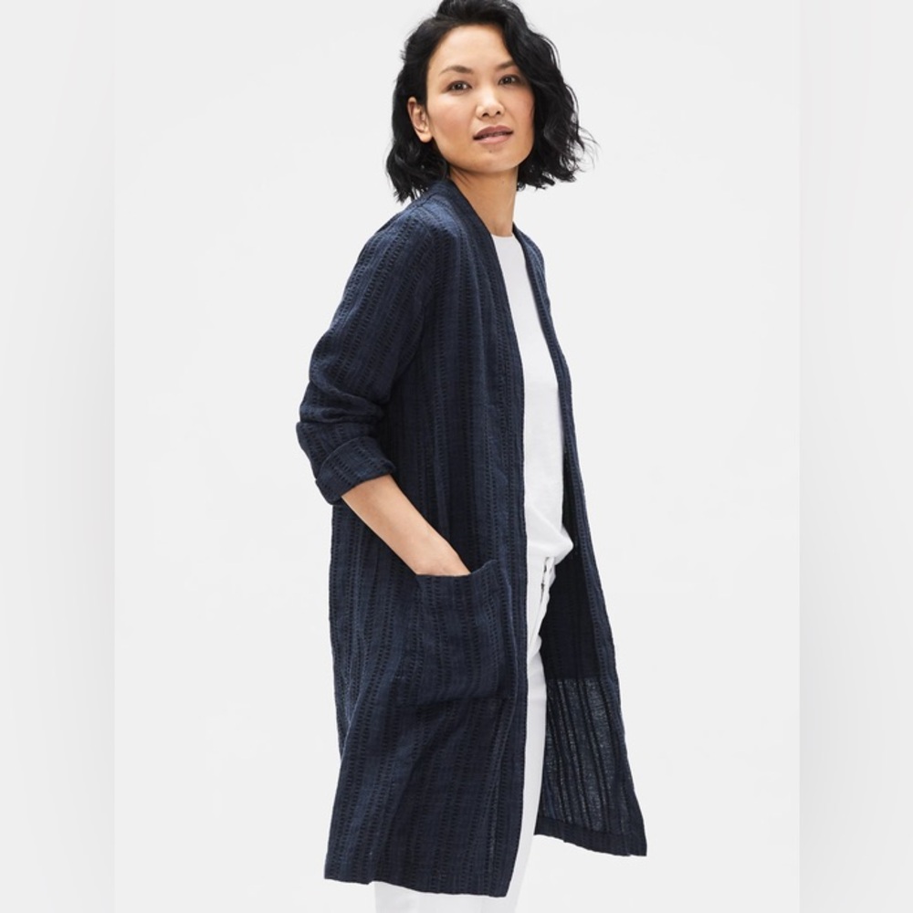 Eileen Fisher Indigo Textured Organic Linen Kimono Blazer